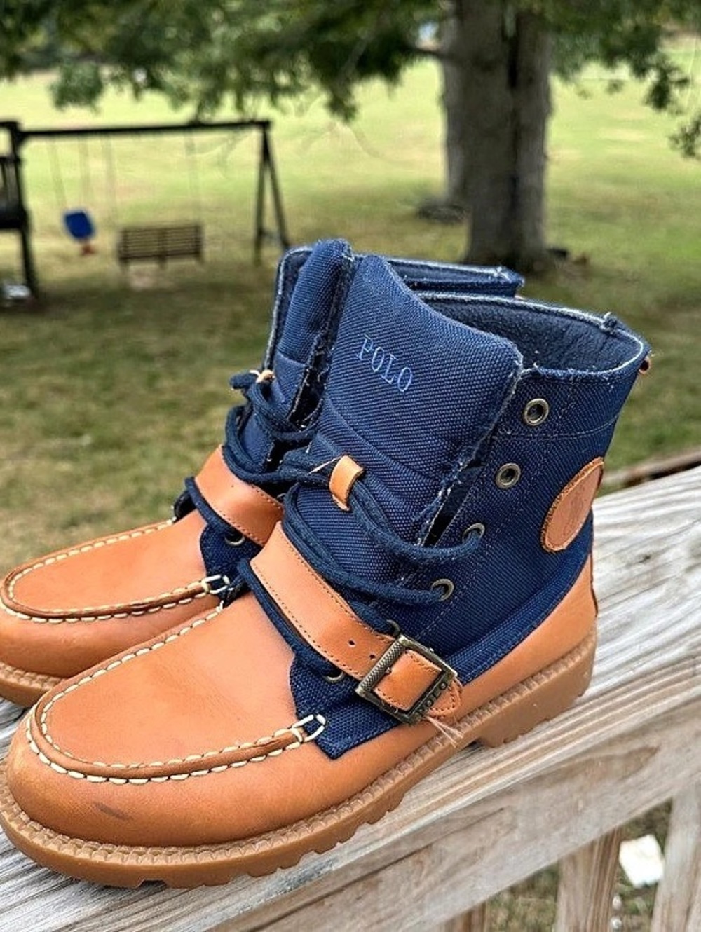 VTG Polo Ralph Lauren Hanger III Boys' Leather Boots Brown & Blue US 5.5